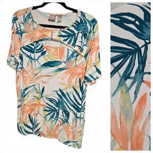 Chico's Painted Tropical Reef Print Tee Cutout Scoop Neck Elbow Tunic Top Knit M